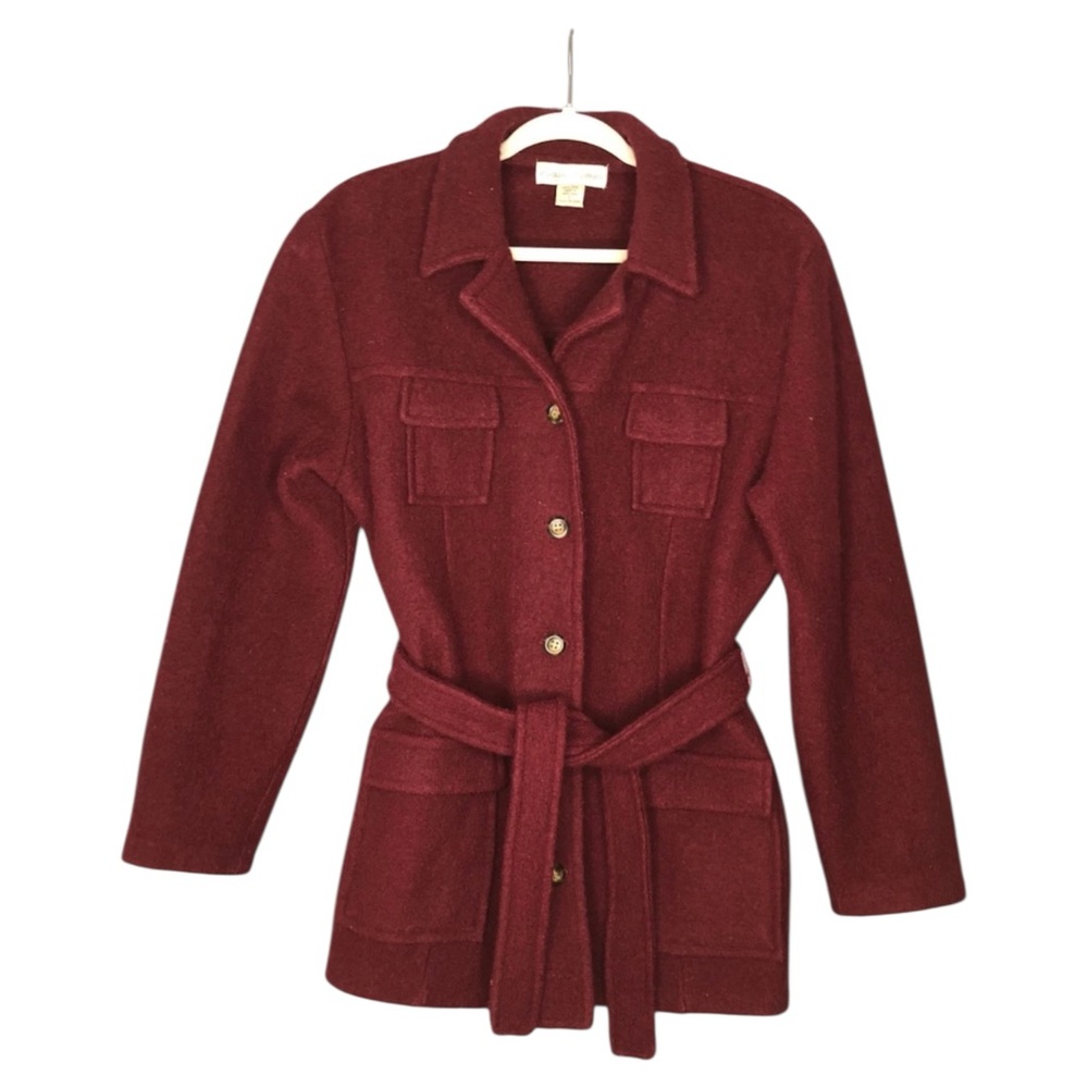 Casual Corner Vintage Boucle 100% Wool Coat sz L Red Wine Belted Long Sleeve